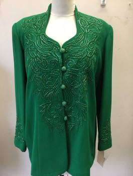 Womens, 1990s Vintage, Piece 1, BEN MARC INT., Green, Polyester, Beaded, Solid, B46, Jacket, 5 Facy Beaded Button Front, Fancy Embroidery & Beaded Detail
