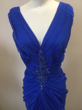 Womens, Evening Gown, TADASHI, Royal Blue, Silk, Polyester, Solid, 4, V-neck, Sleeveless, Rouching at Shoulders/ Bust, Detailed Draping at Center Front/ Back, Back Zipper, Diamond Beading Detail at Center Bust