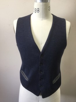 Mens, Sweater Vest, THREE CASTLES, Blue, Gray, Black, Wool, Check - Micro , C:38, Knit, V-N, 5 B.F., SB. with Points, 2 Gray Welt Pockets, Solid Gray Back