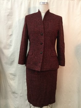 Womens, 1990s Vintage, Suit, Jacket, DANA BUCHMAN, Red, Black, Wool, Tweed, B:38, Single Breasted, 3 Buttons, Long Sleeves, No Lapel, V-Neck, Vertical Pockets with Horizontal Flaps