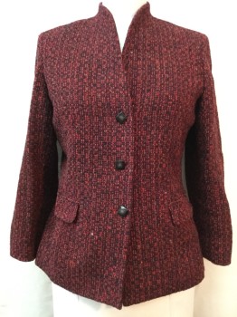DANA BUCHMAN, Red, Black, Wool, Tweed, Single Breasted, 3 Buttons, Long Sleeves, No Lapel, V-Neck, Vertical Pockets with Horizontal Flaps