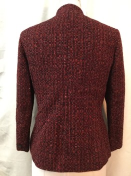 DANA BUCHMAN, Red, Black, Wool, Tweed, Single Breasted, 3 Buttons, Long Sleeves, No Lapel, V-Neck, Vertical Pockets with Horizontal Flaps