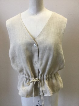 Womens, Vest, GO LINEN, Oatmeal Brown, Linen, Heathered, B:38, Sz.2, V-Neck, 3 Button Front Closure with Self Drawstring Waist with Peplum Lower, Wide Baggy Armholes