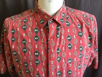WEEKENDS, Dk Red, Black, Gray, Beige, Cotton, Diamonds, Collar Attached, Button Front, 1 Pocket, Short Sleeves,