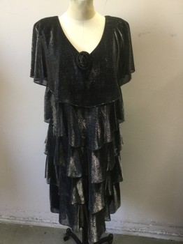 Womens, Cocktail Dress, PETRA, Black, Silver, Acetate, Nylon, Large, Pullover, V-neck, Rose at Center Front, Multi Tier Body, Flutter Sleeve But Sleeveless, Highly Reflective Like Glitter, Sheer