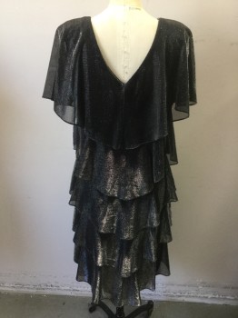 Womens, Cocktail Dress, PETRA, Black, Silver, Acetate, Nylon, Large, Pullover, V-neck, Rose at Center Front, Multi Tier Body, Flutter Sleeve But Sleeveless, Highly Reflective Like Glitter, Sheer