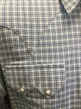 Mens, Western, ROCKMOUNT, French Blue, White, Black, Cotton, Plaid, L, Snap Front, White/silver Diamond Snaps, Collar Attached, Western Yoke, Long Sleeves, 2 Double Pointed Flap Pockets