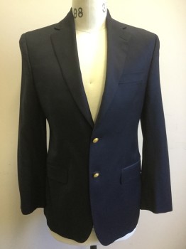 Mens, Sportcoat/Blazer, JIMMY AU'S, Navy Blue, Wool, Solid, 38S, Single Breasted, 2 Gold Buttons,  Notched Lapel, Gabardine, 2 Back Vents,