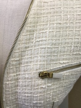 ALEXANDER McQUEEN, Cream, Wool, Cotton, Solid, Open Front, Gold Zipper Trim., 3 Zip Pockets, Long Sleeves, Zipper Trim Hem