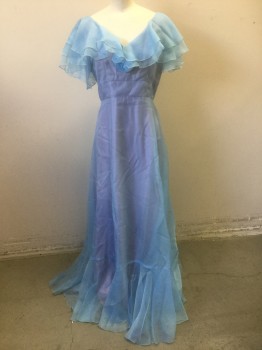 Womens, Evening Gown, JC PENNEY FASHIONS, Baby Blue, Dusty Lavender, Polyester, Solid, W:26, B:32, H:36, Baby Blue Sheer Organza Over Dusty Lavender Opaque Base Layer, 2 Layers of Sheer Ruffles at V-neck with Ruffled Cap-Sleeve, 3D Rosette at Center Front Bust, Empire Waist, Floor Length, Center Back Zipper,