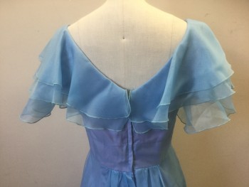 Womens, Evening Gown, JC PENNEY FASHIONS, Baby Blue, Dusty Lavender, Polyester, Solid, W:26, B:32, H:36, Baby Blue Sheer Organza Over Dusty Lavender Opaque Base Layer, 2 Layers of Sheer Ruffles at V-neck with Ruffled Cap-Sleeve, 3D Rosette at Center Front Bust, Empire Waist, Floor Length, Center Back Zipper,