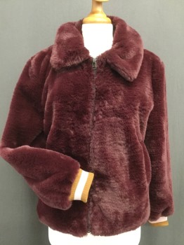J.O.A., Red Burgundy, Caramel Brown, Lt Pink, Faux Fur, Polyester, Solid, Super Soft Zip Front, Collar Attached, Rib Knit Cuffs, 2 Pocket,