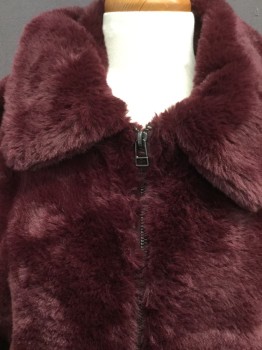 J.O.A., Red Burgundy, Caramel Brown, Lt Pink, Faux Fur, Polyester, Solid, Super Soft Zip Front, Collar Attached, Rib Knit Cuffs, 2 Pocket,