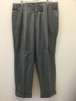 WOODY WILSON, Gray, Lt Blue, White, Wool, Polyester, Stripes - Pin, Large Box Pleats at Either Side of Waist, 1" Wide Belt Loops, 4 Pockets, Wide Legs with Cuffed Hems