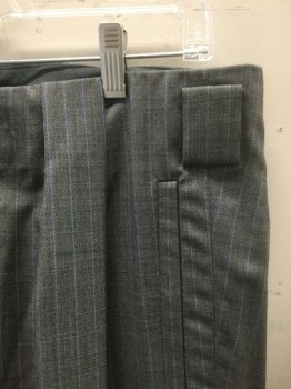 WOODY WILSON, Gray, Lt Blue, White, Wool, Polyester, Stripes - Pin, Large Box Pleats at Either Side of Waist, 1" Wide Belt Loops, 4 Pockets, Wide Legs with Cuffed Hems