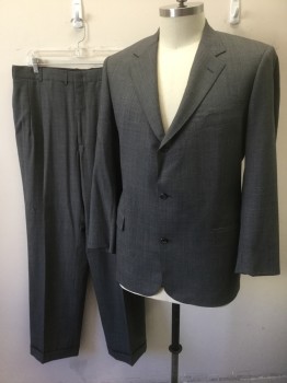 BROOKS BROTHERS, Gray, Black, Wool, Glen Plaid, Single Breasted, Notched Lapel, 3 Buttons, 3 Pockets, Solid Dark Gray Satin Lining