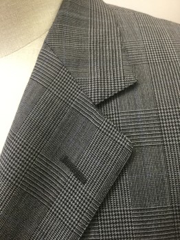 BROOKS BROTHERS, Gray, Black, Wool, Glen Plaid, Single Breasted, Notched Lapel, 3 Buttons, 3 Pockets, Solid Dark Gray Satin Lining