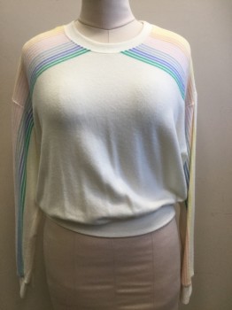 Womens, Pullover Sweater, SPIRITUAL GANGSTER, White, Multi-color, Synthetic, Solid, Stripes, L, White with Multi Color Pastel Stripe Shoulder and Down Sleeve, Ribbed Knit Scoop Neck, Ribbed Knit Cuff/Waistband