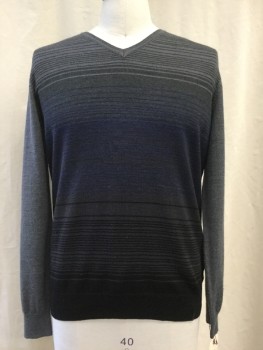 Mens, Pullover Sweater, CALVIN KLEIN, Gray, Charcoal Gray, Navy Blue, Black, Wool, Acrylic, Stripes - Horizontal , M, V-neck,