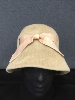 SCHIAPARELLI, Tan Brown, Peach Orange, Wool, Solid, Cloche, Camel, Quilted Stripes, Peach Quilted Hat Band, Hat Band Woven Through Hat, Tie Front