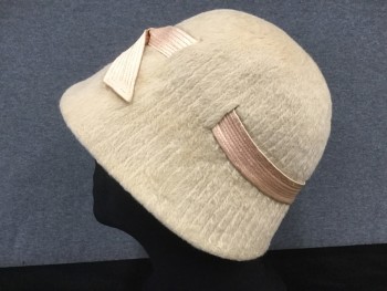 SCHIAPARELLI, Tan Brown, Peach Orange, Wool, Solid, Cloche, Camel, Quilted Stripes, Peach Quilted Hat Band, Hat Band Woven Through Hat, Tie Front