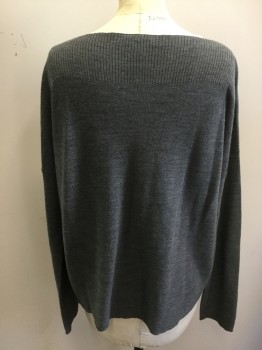 Womens, Pullover, EILEEN FISHER, Graphite Gray, Solid, S/P, Scoop Neck, Long Sleeves, Ribbed Knit Yoke