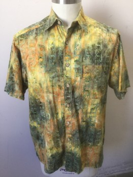 BASIC OPTIONS, Multi-color, Green, Yellow, Olive Green, Lt Green, Cotton, Batik, Tie-dye, with Batik Resist Dye Vertical Columns of Abstract Shapes, Short Sleeve Button Front, Collar Attached, 1 Patch Pocket,