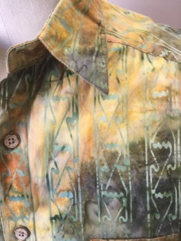BASIC OPTIONS, Multi-color, Green, Yellow, Olive Green, Lt Green, Cotton, Batik, Tie-dye, with Batik Resist Dye Vertical Columns of Abstract Shapes, Short Sleeve Button Front, Collar Attached, 1 Patch Pocket,
