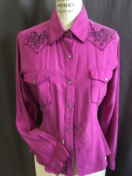 Womens, Shirt, RYAN, Fuchsia Pink, Silk, Cotton, Solid, S, Black Hand-stitches Along Collar Attached, Yoke with Paisley/flower Embroidery & Rhinestones Work, Pink Abalone Shells Snap Front, 2 Pockets with Flap & Long Sleeves Cuffs