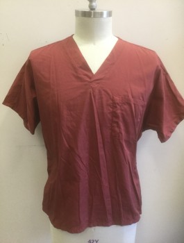 CHEROKEE, Brick Red, Poly/Cotton, Solid, Short Sleeves, V-neck, 1 Patch Pocket