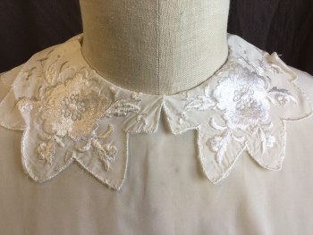 SMART NOVELTY, Cream, Polyester, Solid, Zig-zag with Cream Flower Embroidery Collar Attached, & Cap Sleeves, Button Back,