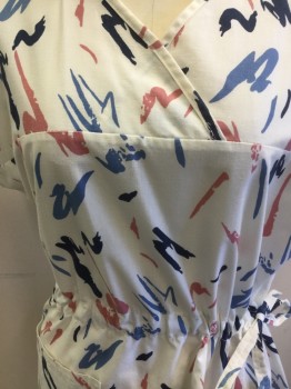 ANGELICA, White, Navy Blue, Pink, Blue, Poly/Cotton, Novelty Pattern, 80's Squiggle Pattern, Crossover V-neck Yoke, Drawstring Left Side Tie Waist, 2 Pockets, Short Sleeves