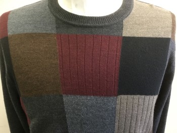 Mens, Pullover Sweater, DOCKERS, Gray, Maroon Red, Brown, Black, Taupe, Acrylic, Geometric, 40, Large, Crew Neck, Knit Squares and Rib Knit Squares, Solid Back