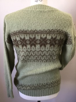Mens, Sweater, ICELANDIC, Pea Green, Brown, Wool, Stars, 40, Long Sleeves, Crew Neck, Scratchy Wool Texture, Pullover,