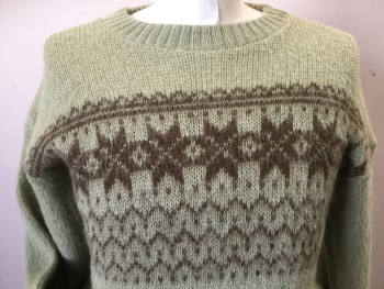 Mens, Sweater, ICELANDIC, Pea Green, Brown, Wool, Stars, 40, Long Sleeves, Crew Neck, Scratchy Wool Texture, Pullover,