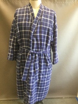 Mens, Bathrobe, NORDSTROM, Navy Blue, White, Lt Blue, Cotton, Plaid-  Windowpane, XL/XXL, Navy with White and Light Blue Windowpane Lines, Waffle Texture, White Terry Cloth Lining, 2 Side Pockets, **With Matching Belt