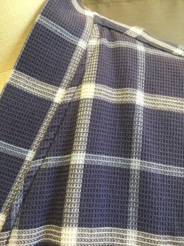 Mens, Bathrobe, NORDSTROM, Navy Blue, White, Lt Blue, Cotton, Plaid-  Windowpane, XL/XXL, Navy with White and Light Blue Windowpane Lines, Waffle Texture, White Terry Cloth Lining, 2 Side Pockets, **With Matching Belt
