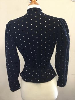 N/L, Black, Cream, Wool, Linen, Polka Dots, Black Wool with Cream Polka Dot Weave. Hook & Eye Closure, Gathered at Center Back Waist. Linen Lining in Cream Semi Detached Blouse  with Button Front Closure Under Wool Top Blouse. See Photo for Close Up Detail. Middle Class Winter Blouse,
