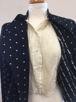 N/L, Black, Cream, Wool, Linen, Polka Dots, Black Wool with Cream Polka Dot Weave. Hook & Eye Closure, Gathered at Center Back Waist. Linen Lining in Cream Semi Detached Blouse  with Button Front Closure Under Wool Top Blouse. See Photo for Close Up Detail. Middle Class Winter Blouse,