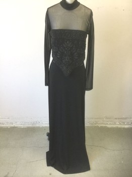 Womens, Evening Gown, TADASHI, Black, Iridescent Black, Bronze Metallic, Polyester, Beaded, Solid, Floral, M, Black Sheer Spandex Net, Long Sleeves, Mock Neck, Opaque Strapless Bodice Panel Covered in Black Iridescent Beading in Floral Pattern with Bronze Specks, Opaque From Waist Down, Floor Length Hem, Center Back Zipper