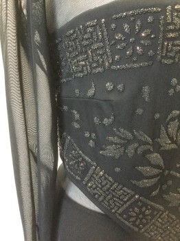 Womens, Evening Gown, TADASHI, Black, Iridescent Black, Bronze Metallic, Polyester, Beaded, Solid, Floral, M, Black Sheer Spandex Net, Long Sleeves, Mock Neck, Opaque Strapless Bodice Panel Covered in Black Iridescent Beading in Floral Pattern with Bronze Specks, Opaque From Waist Down, Floor Length Hem, Center Back Zipper