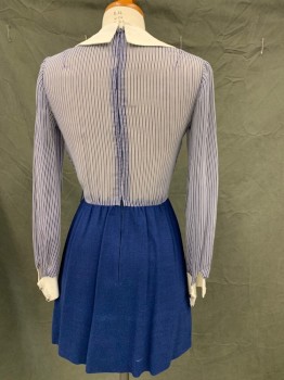 NO LABEL, Blue, White, Cotton, Polyester, Stripes, Solid, Collar Attached, Back Zipper, Striped Cheer  Bodice, Solid Blue Skirt, Collar and Cuffs White, Long Sleeves,
