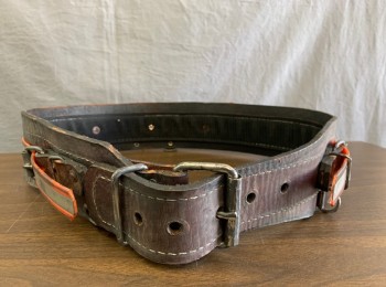 Unisex, Sci-Fi/Fantasy Belt, N/L, Dk Brown, Gray, Orange, Leather, Plastic, W36-41, 3" Wide Aged Leather, Strip of Plastic at Center, Aged, Silver Buckle