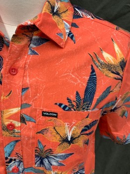 Mens, Hawaiian Shirt, VOLCOM, Red-Orange, Blue-Gray, Orange, Black, Cotton, Viscose, Floral, S, Button Front, Collar Attached, Short Sleeves, 1 Pocket
