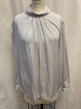 SUSAN HUTTON, Gray, Silver, Polyester, Houndstooth, Mock Neck, Pleated at Neckline, Long Sleeves, Button Cuffs, Button Back