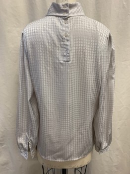 SUSAN HUTTON, Gray, Silver, Polyester, Houndstooth, Mock Neck, Pleated at Neckline, Long Sleeves, Button Cuffs, Button Back
