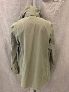 Mens, Casual Jacket, BROOKS BROTHERS, Forest Green, Polyester, Solid, M, Button Front, Hidden Placket, 2 Flap Pockets, Long Sleeves, Snap Tab at Cuff, Collar Attached, Zip Detachable Drawstring Hood with Snap Closure
