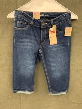 LEVI'S, Dk Blue, Cotton, Polyester, Solid, Zip Fly, 5 Pockets, Long Shorts with Rolled Back Hem
