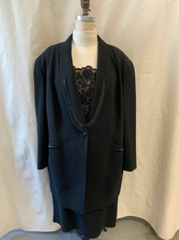 MARISA MINICUCCI, Black, Acetate, Shawl Lapel, Single Breasted, Button Front, 1 Button, Black Beaded Trim on Lapel & Pockets 2 Pockets, Black & Beige Beaded Floral Mesh Panel (Faux Under Top)