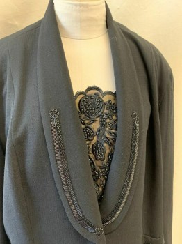 Womens, 1980s Vintage, Suit, Jacket, MARISA MINICUCCI, Black, Acetate, W 40, B:50, Shawl Lapel, Single Breasted, Button Front, 1 Button, Black Beaded Trim on Lapel & Pockets 2 Pockets, Black & Beige Beaded Floral Mesh Panel (Faux Under Top)
